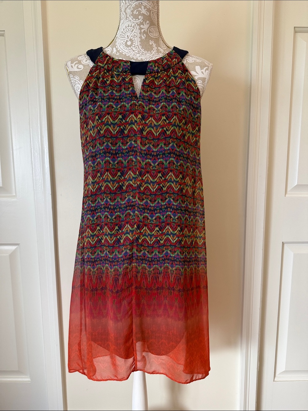 Women’s Multicolor Halter Shift Dress with Red to Orange Ombre
